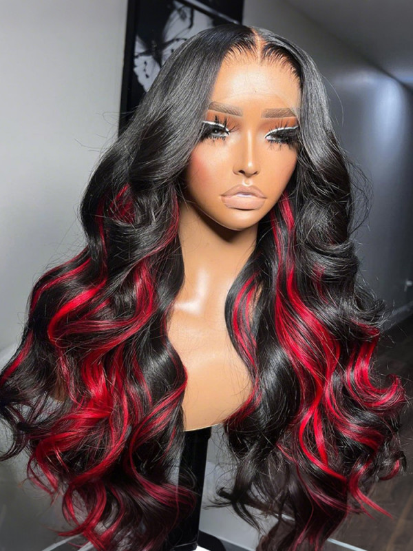 Red Highlights On Black Hair Body Wave Lace Front Wigs  display picture 1