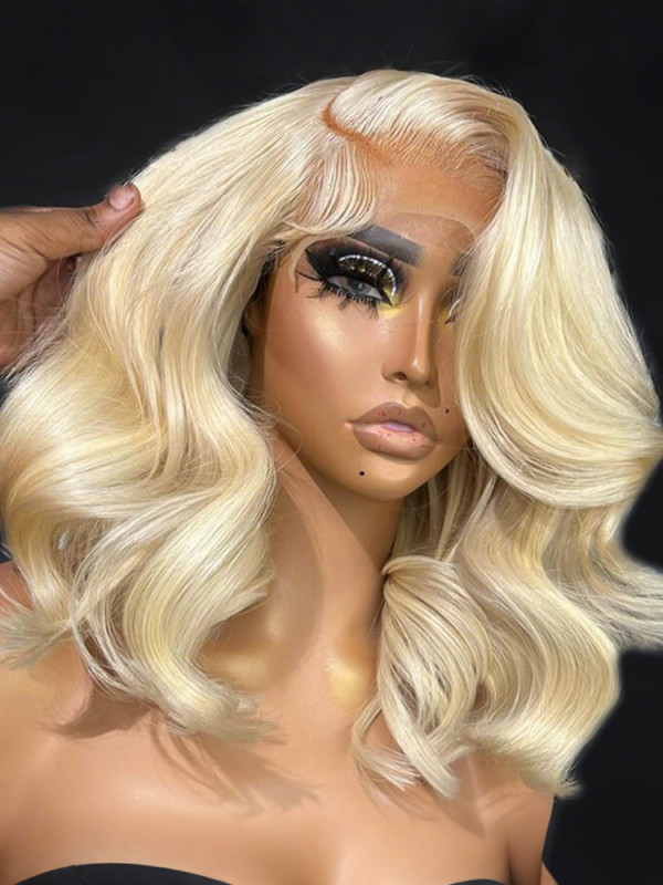 Short Blonde Wavy Wig 12-16Inch 613 Bob Lace Front Wig  display picture 3
