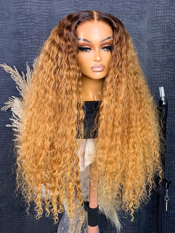Ready And Go Wig-Deep Wave Ombre Honey Blonde Wig With Dark Roots Pre-Cut LY Lace