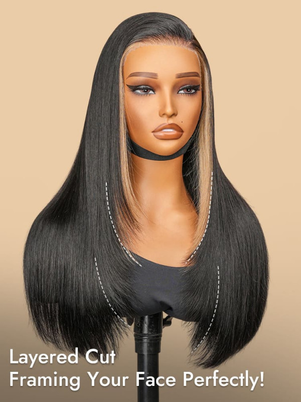 Blonde Skunk Stripe Layered Cut Straight Ready To Go Lace Front Wig Side Part Human Hair