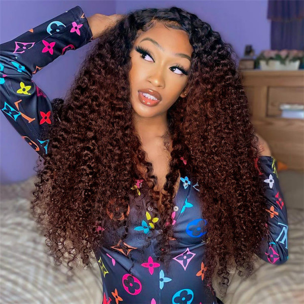 Ombre Human Hair Wigs #1B/33 Kinky Curly 5*5 Lace Front Wigs  display picture 1