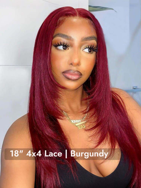 [limited Sale] 99J Burgundy Layered Straight  Closure Wigs Highlights Wig 180% Density Human Hair