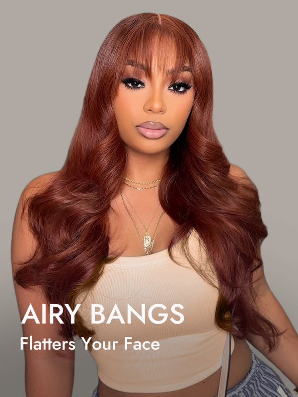 Fluffy Ginger Brown Body Wave 5x5 Ready To Go lace Closure Wig With Airy Bangs