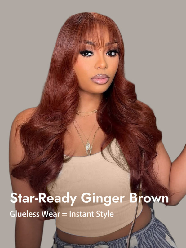 Fluffy Ginger Brown Body Wave 5x5 Ready To Go lace Closure Wig With Airy Bangs