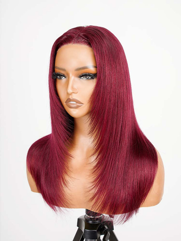 [limited Sale] 99J Burgundy Layered Straight  Closure Wigs Highlights Wig 180% Density Human Hair