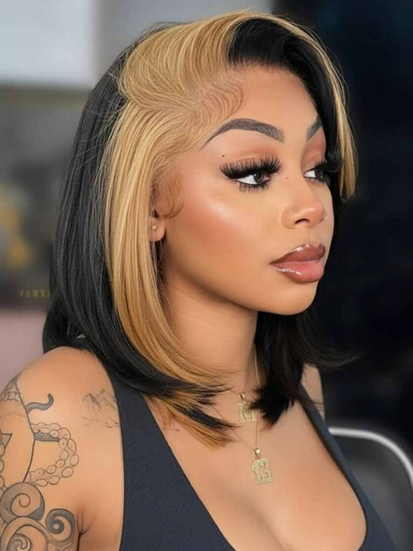 Honey Blonde Skunk Stripe Straight Hair 13x4 Lace Frontal Ready And Go Wigs