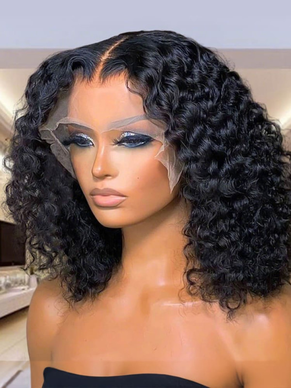 Black Bob Wig Deep Wave Lace Front Human Hair Wigs 100 