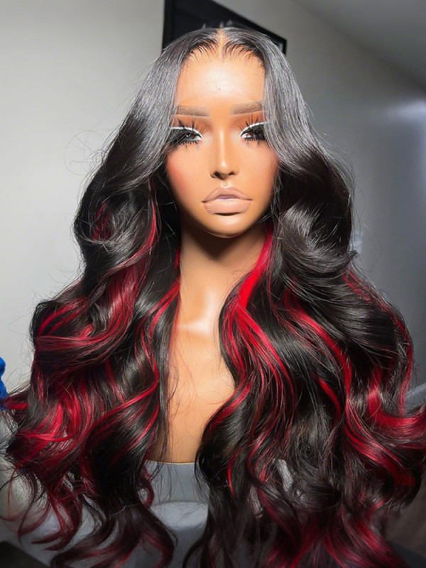 Wig, Black with Red Highlights, It Tress, 100% Remy Human Hair Blended Lace Front Red-black Gradient Mohawk Wolf Cut Soft 100  main image 4