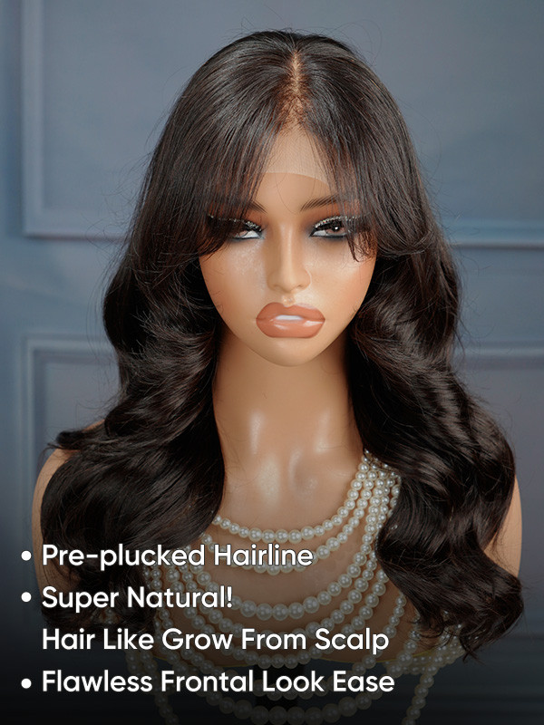 Long Natural Wavy Curtain Bangs Human Hair Glueless 5x5 Lace Closure Wigs-Ready And Go Wig