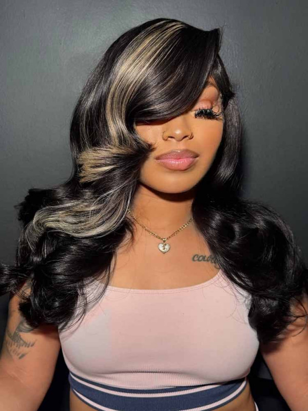 Highlight Deep C Part 13x6 Lace Frontal Wig Layered Loose Wave Human Hair 250% Density