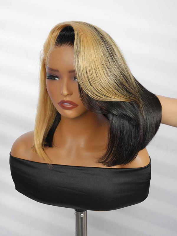 Honey Blonde Skunk Stripe Straight Hair 13x4 Lace Frontal Ready And Go Wigs
