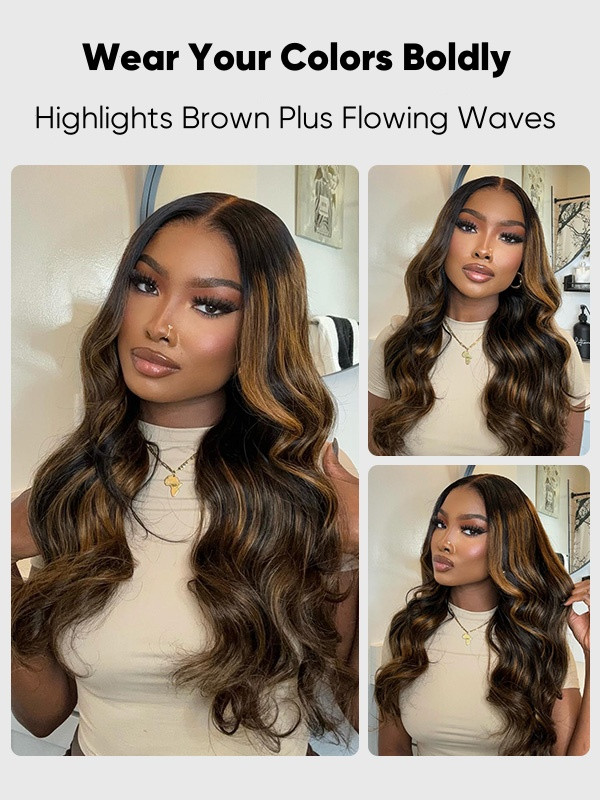 WIGGINS Honey Blonde Highlights On Black Hair Body Wave Lace Front Wig