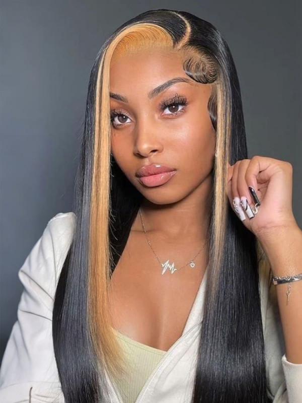 Blonde Skunk Stripe Layered Cut Straight Ready To Go Lace Front Wig Side Part Human Hair