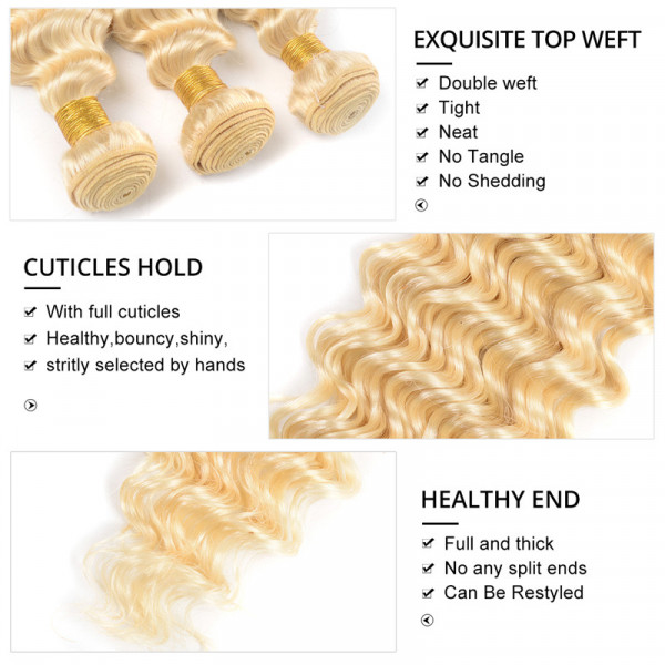 613 Blonde Colored Deep Wave Brazilian Hair Weave 3 Bundles with 4*4 Lace Closure