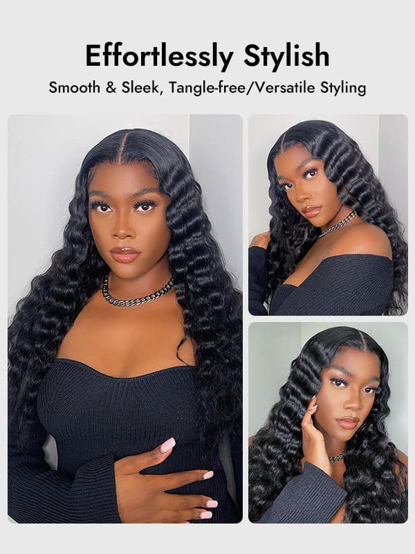 Black Crimped Texture Lace Front Wig - Women’s Natural Look Crimped Hair Wigs Deep Wave Human Hair Transparent Lace  main image 3