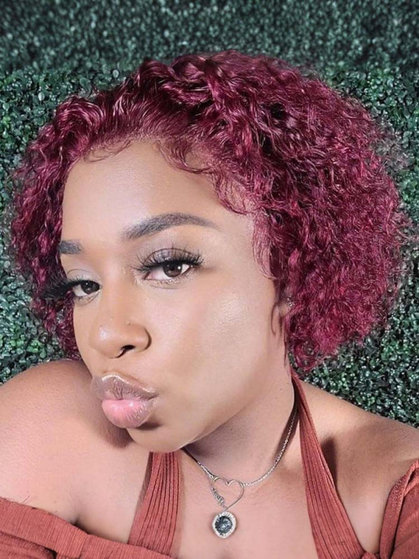 Burgundy 13x1 Lace Front Wig - Short Curly Pixie Cut Human  display picture 2