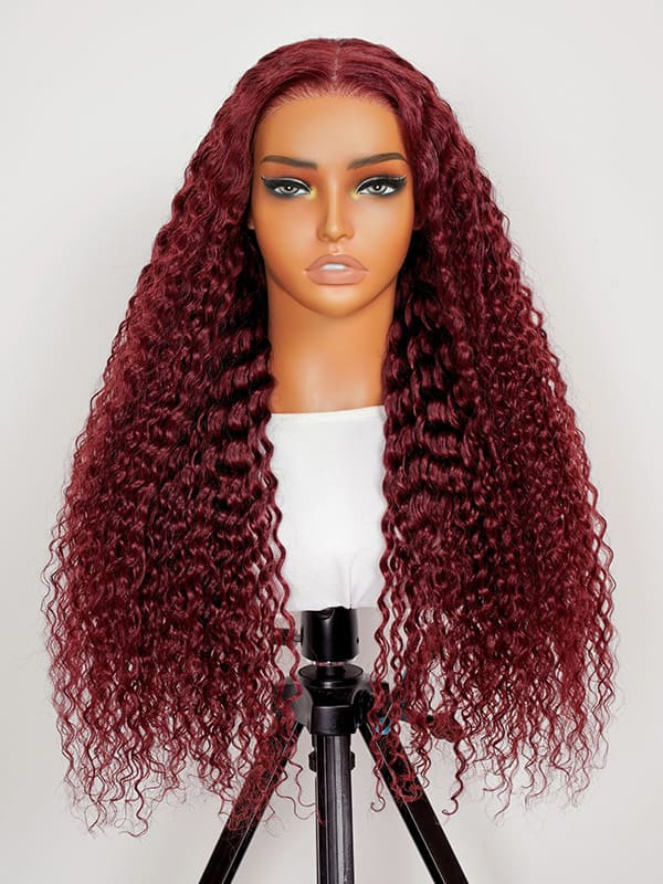 Burgundy Deep Wave Lace Frontal Wigs Human Hair 99J Colored  display picture 3
