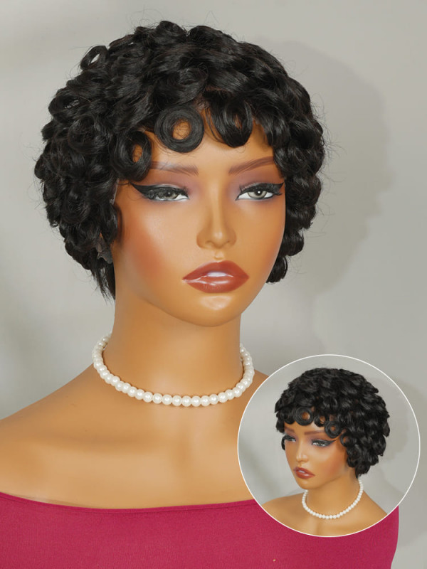 Curly Pixie Cut Finger Wave Human Hair HD Full Lace Front 