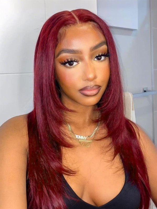 [limited Sale] 99J Burgundy Layered Straight  Closure Wigs Highlights Wig 180% Density Human Hair