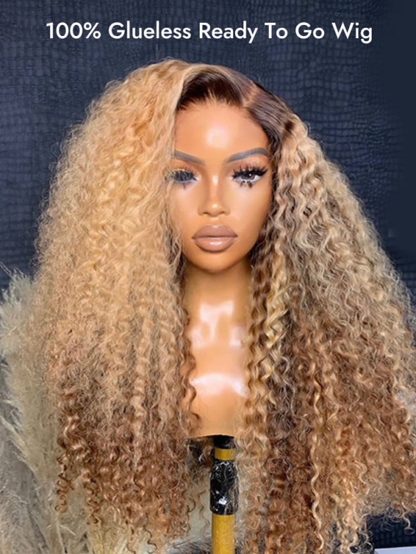 Ready And Go Wig - Ombre Hair Color Honey Blonde Highlight Deep 5x5 Closure Wig With Brown Roots