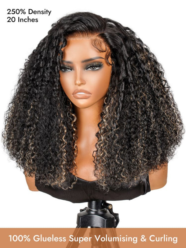 Glueless Honey Blonde Highlight Curly Human Hair Wigs Full Density Ready To Go Wig