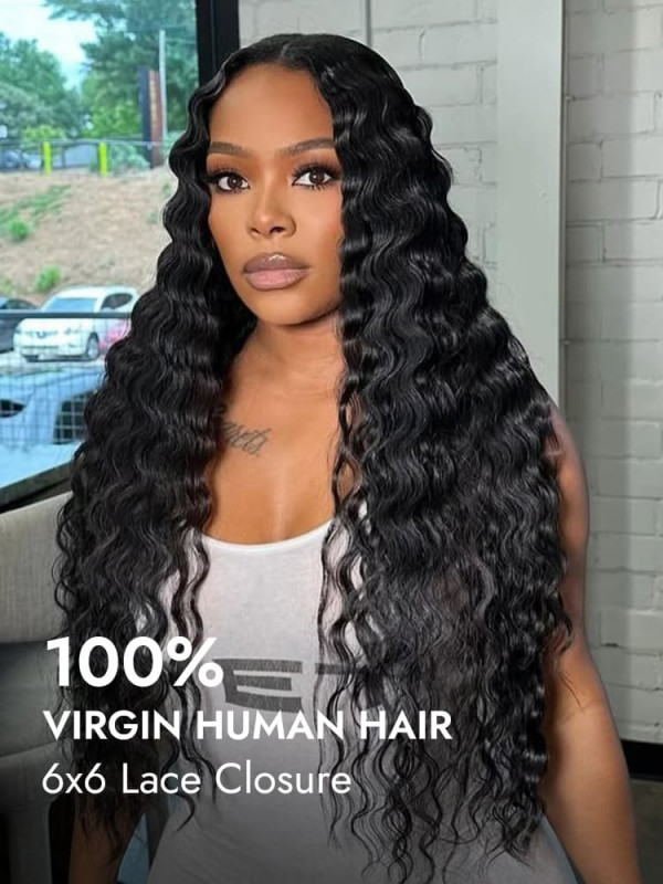 Human Hair Wigs for Women Loose Deep Wave 6*6 Deep Parting Lace