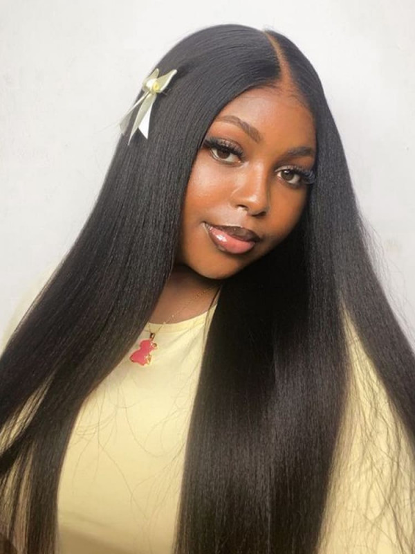Light Yaki V Part Wig with Drawstring Anti-Slip Silicone No Leave Out Kinky Straight Human Hair