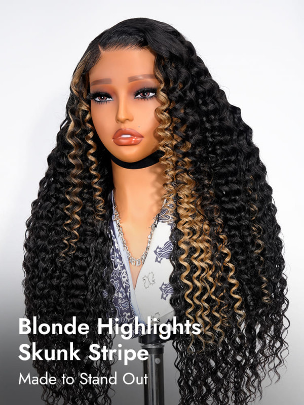 Skunk Stripe Blonde Highlights Deep Wave 13x4  Pre Cut Lace Frontal Ready And Go Wigs