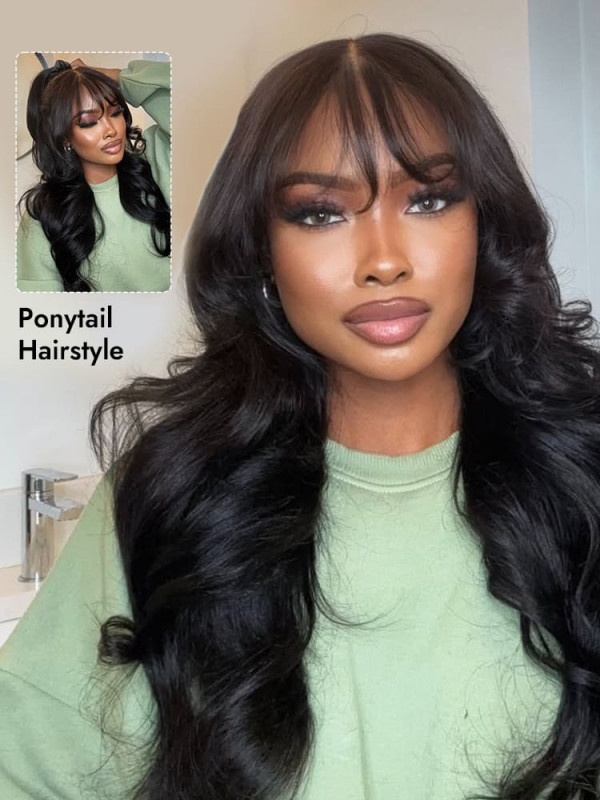 Long Natural Wavy Airy Bangs Human Hair Glueless 5x5 Lace Closure Wigs-Ready And Go Wig