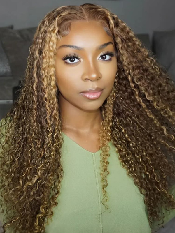 Ready And Go Wig-Curly Brown Hair With Blonde Highlights Pre-Cut HD 5x5 Closure Wig For Sale