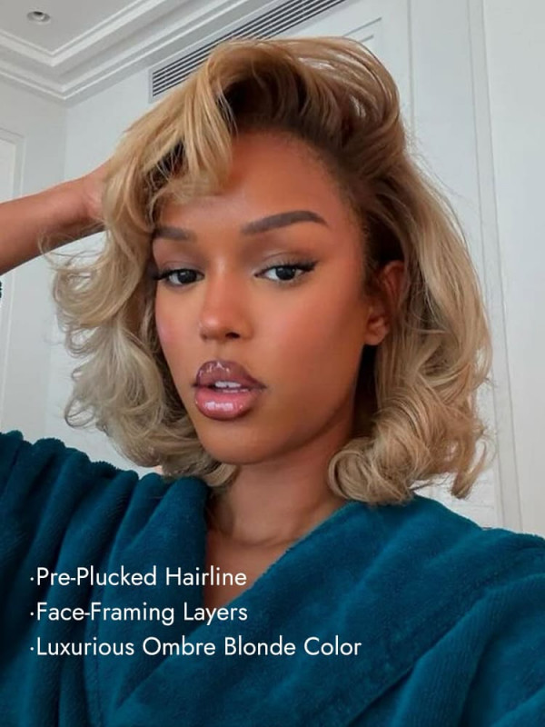 Ombre Blonde Layered Body Wave Bob Wigs With 13x4 Lace Frontal Human Hair
