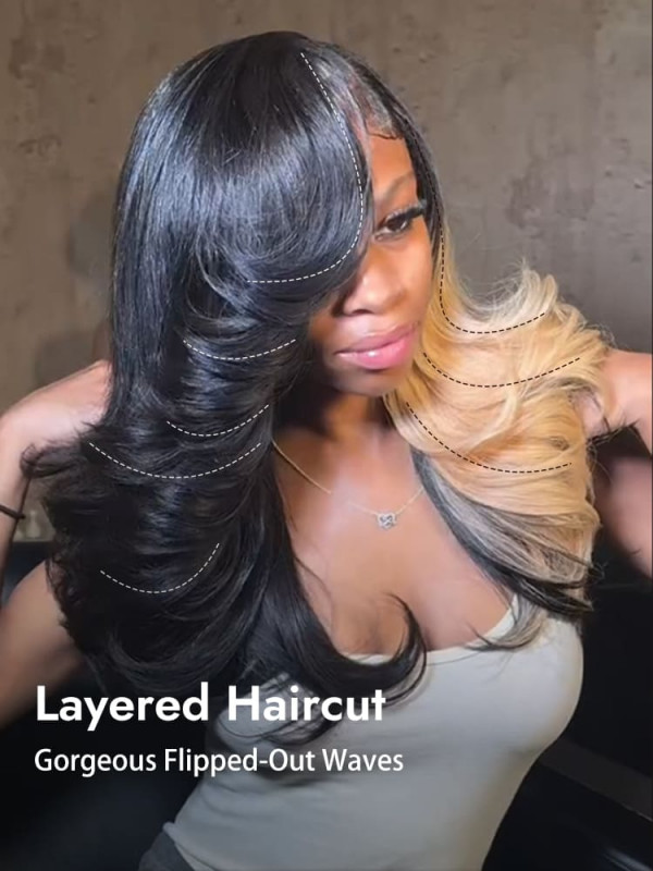 Black With Highlight Blonde On One Side Layered Cut Flipped-Out Waves 13x4 Ready To Go Lace Frontal Wig