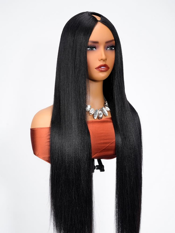 Light Yaki V Part Wig with Drawstring Anti-Slip Silicone No Leave Out Kinky Straight Human Hair