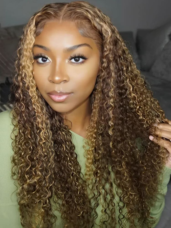 Ready And Go Wig-Curly Brown Hair With Blonde Highlights Pre-Cut HD 5x5 Closure Wig For Sale