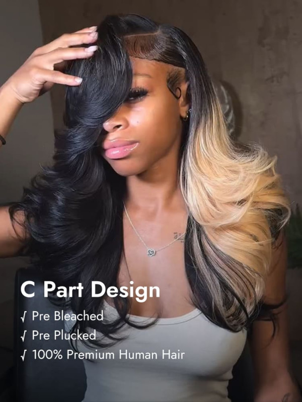 Black With Highlight Blonde On One Side Layered Cut Flipped-Out Waves 13x4 Ready To Go Lace Frontal Wig