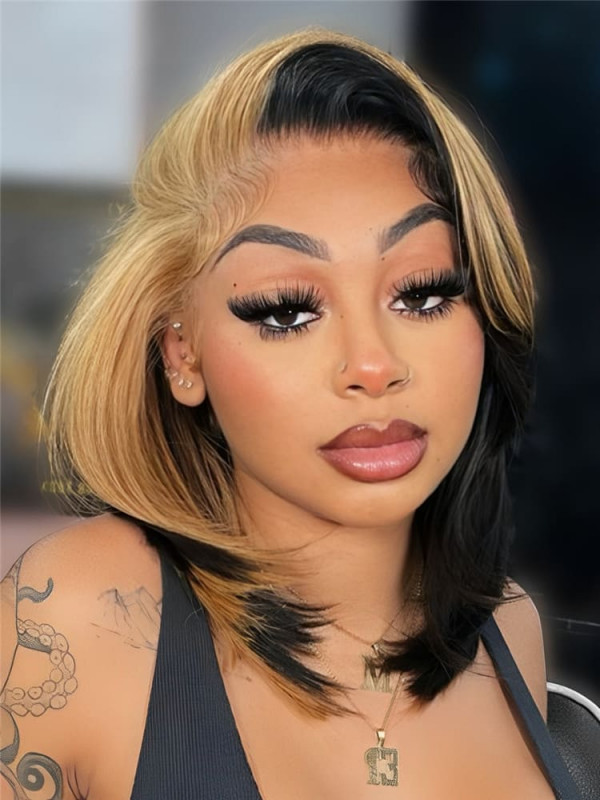 Honey Blonde Skunk Stripe Straight Hair 13x4 Lace Frontal Ready And Go Wigs