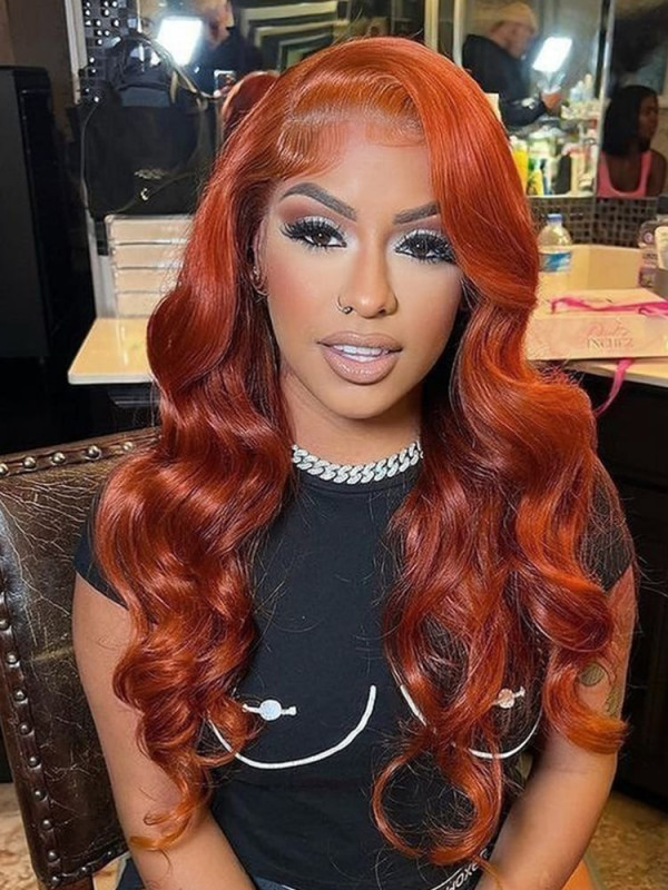 35 Bright Copper Orange Colored Human Hair Glueless Ready And Go Lace Wigs
