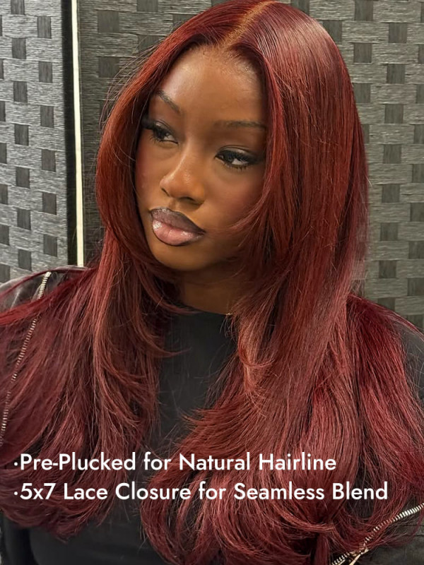 Full Density Reddish Brown Layered Cut Straight 5x7 Ready To Go Lace Closure Wig