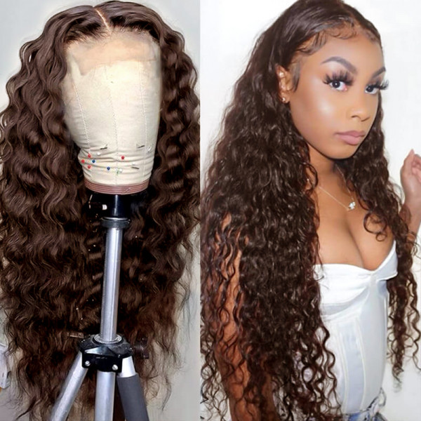 #4 Chocolate Brown Wigs Human Hair Loose Deep Wave Lace Front Wigs For Sale