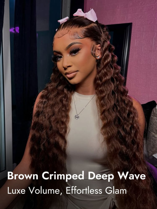 Dark Brown #4 Crimped Deep Wave13x6 Lace Front Ready To Go Wigs