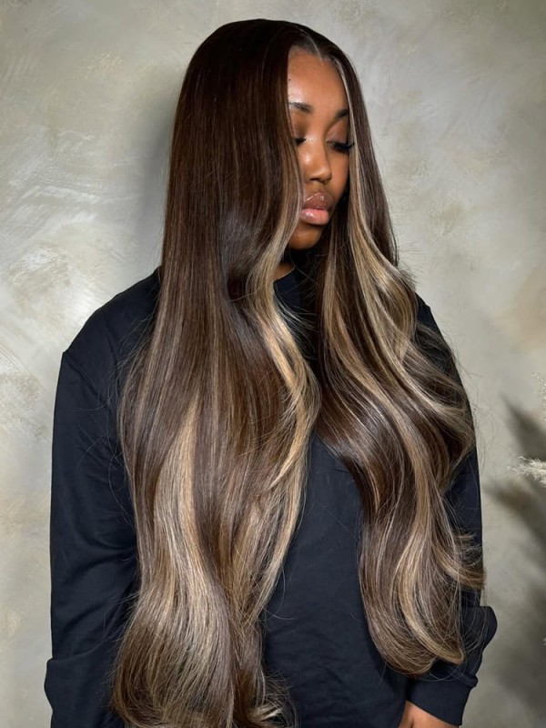 Brown With Blonde Highlights Loose Body Wave Human Hair 13x6 Lace Frontal Wigs