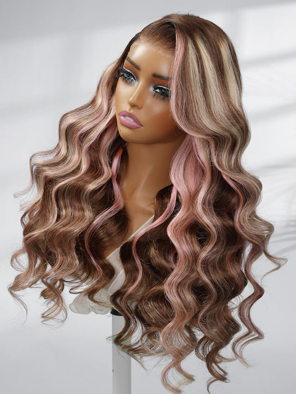 Pink Highlights In Brown Hair Body Wave Lace Front Wig  display picture 3