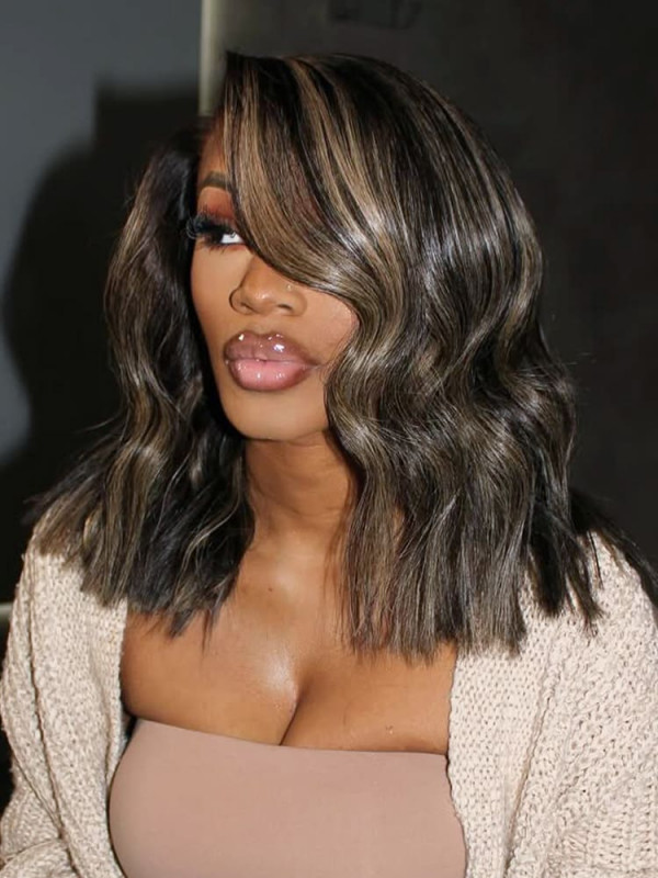 Raw Human Hair Beach Wave 13X6 HD Lace Frontal Wigs Natural & Highlight Color