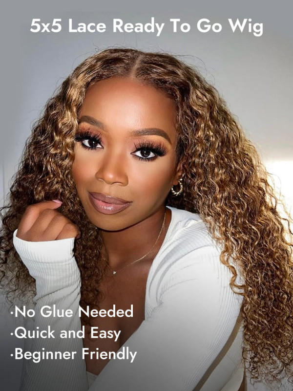 Ready And Go Wig-Curly Brown Hair With Blonde Highlights Pre-Cut HD 5x5 Closure Wig For Sale