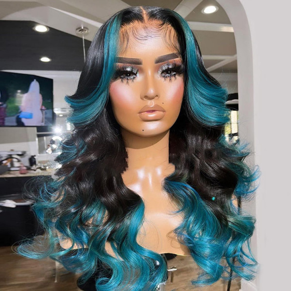 Black And Blue Wigs Body Wave Ombre Blue Lace Front Wig Wiggins Hair