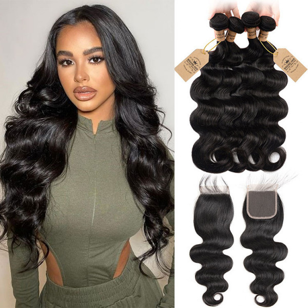 Body Wave Weave Human Virgin Hair 4pcs Bundles With Lace Closure