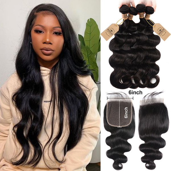 Free Part Human Hair Body Wave 4 Bundles With 6*6 Lace Closure