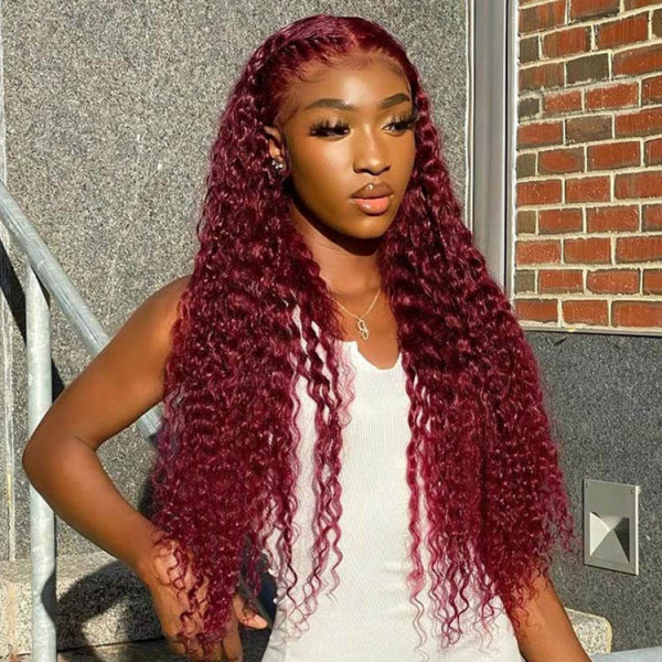 Burgundy Deep Wave Lace Frontal Wigs Human Hair 99J Colored Wigs Pre Plucked Wiggins Hair