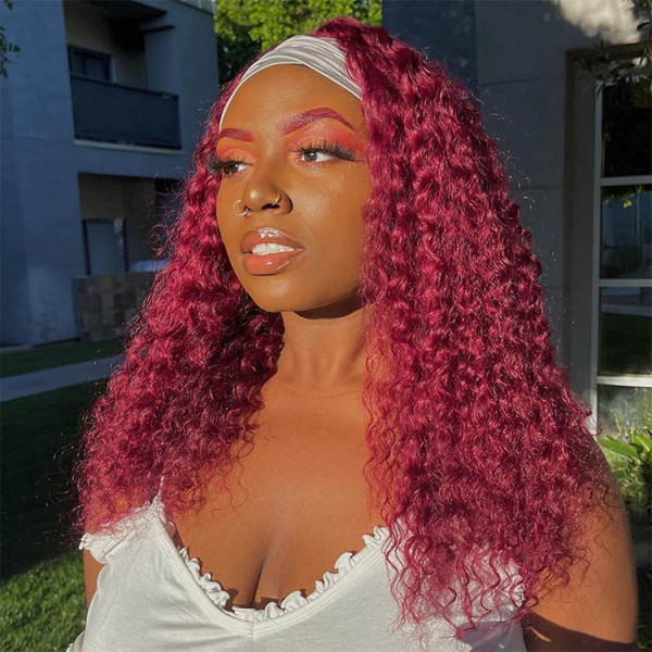 99J Deep Wave Burgundy Headband Wigs Half Wigs With Various Headbands