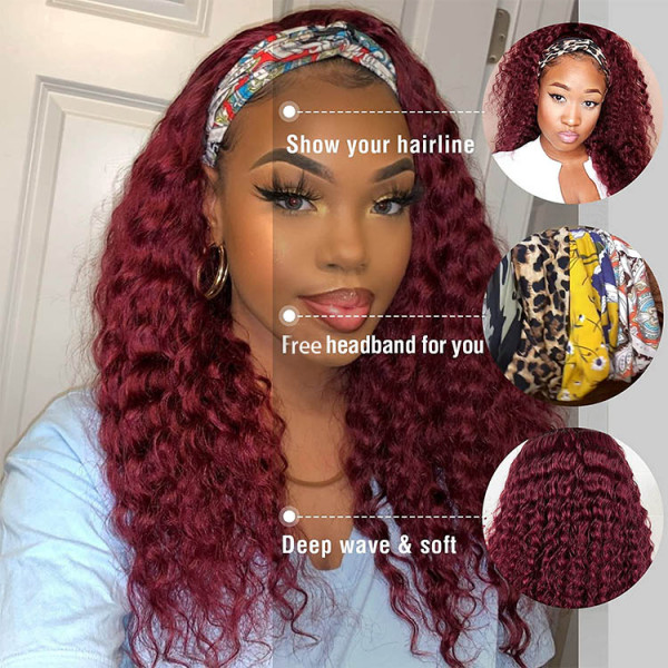 99J Deep Wave Burgundy Headband Wigs Half Wigs With Various Headbands